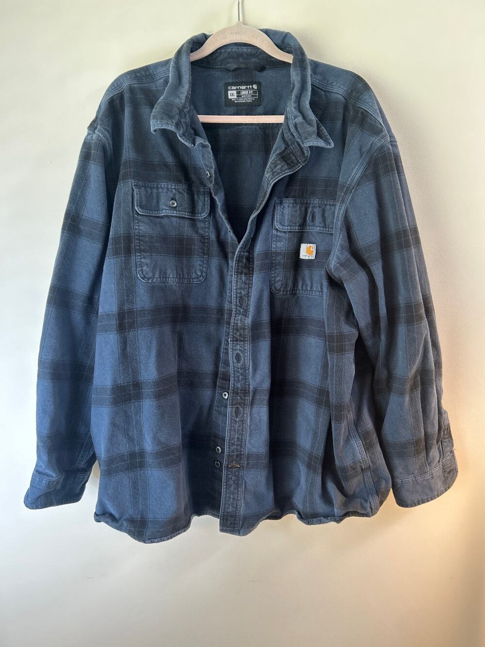 Carhartt 3XL Loose Fit Plaid Work Shirt Heavy Cotton Button Front Blue Black